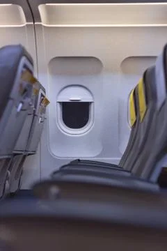 Airplane cabin interior  view. Empty seats 스톡 사진