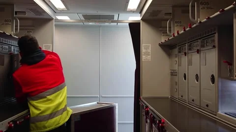 Airplane catering workers loading food from metal carts in galley oven Video stock 280778497