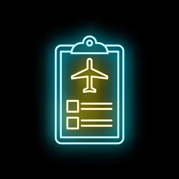 Airplane checklist flight plan neon outlining icon Stock Illustration