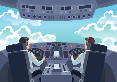 Airplane cockpit pilots. Back view of cabin crew flying airplane. Pilot and Stock Illustration