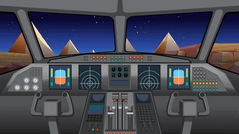 Airplane Cockpit View Flying Over Ancient Pyramids at Night Stock Illustration