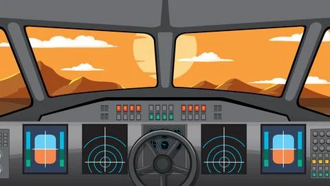 Airplane Cockpit View with Instrument Panel and Sunset Landscape Stock Illustration