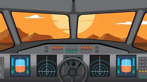 Airplane Cockpit View Overlooking Mountain Landscape at Sunset Stock Illustration