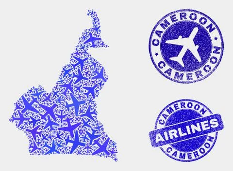 Airplane Collage Vector Cameroon Map and Grunge Stamps Illustrazione stock
