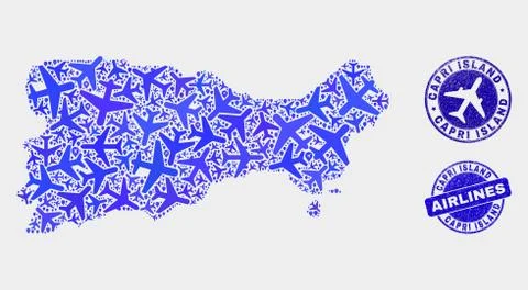 Airplane Collage Vector Capri Island Map and Grunge Stamps Stock Illustration