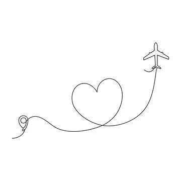 Airplane continuous line drawing with map pin pointer in heart shape. Stock Illustration
