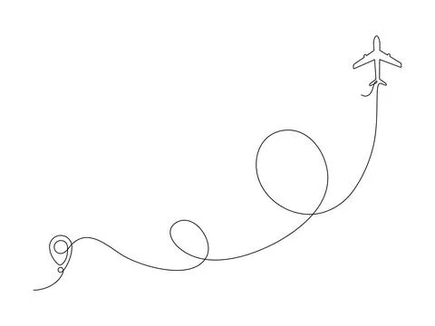Airplane continuous line drawing with map pin pointer. Stock Illustration