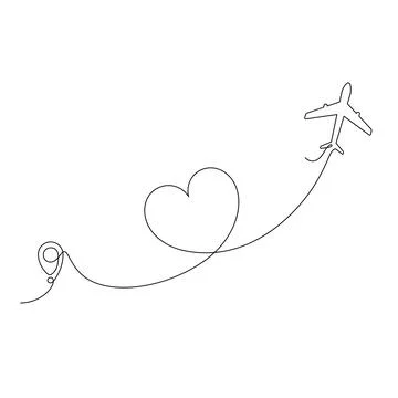 Airplane continuous line drawing with map pin pointer in heart shape. Stock Illustration
