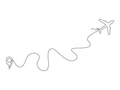 Airplane continuous line drawing with map pin pointer. Stock Illustration