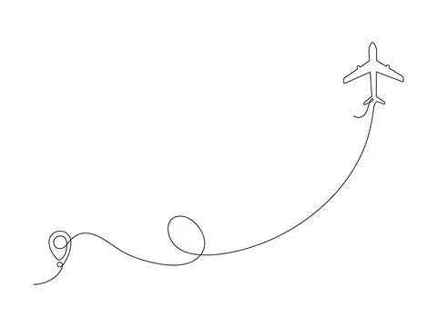 Airplane continuous line drawing with map pin pointer. Stock Illustration