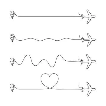 Airplane continuous line drawing with map pin pointer set Stock Illustration