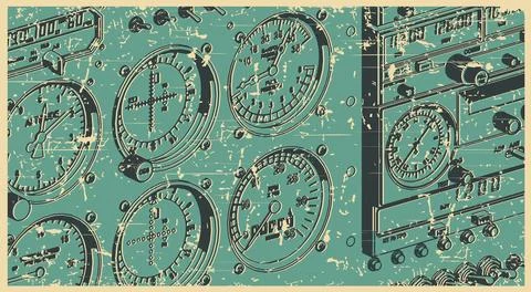 Airplane control panel close up retro poster Stock Illustration