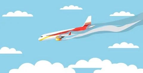 Airplane crash, plane with burning engine goes down. Air transport accident in Stock Illustration