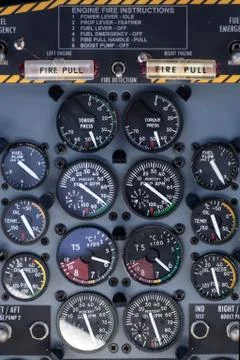 Airplane dashboard with circular instruments Stock Photos