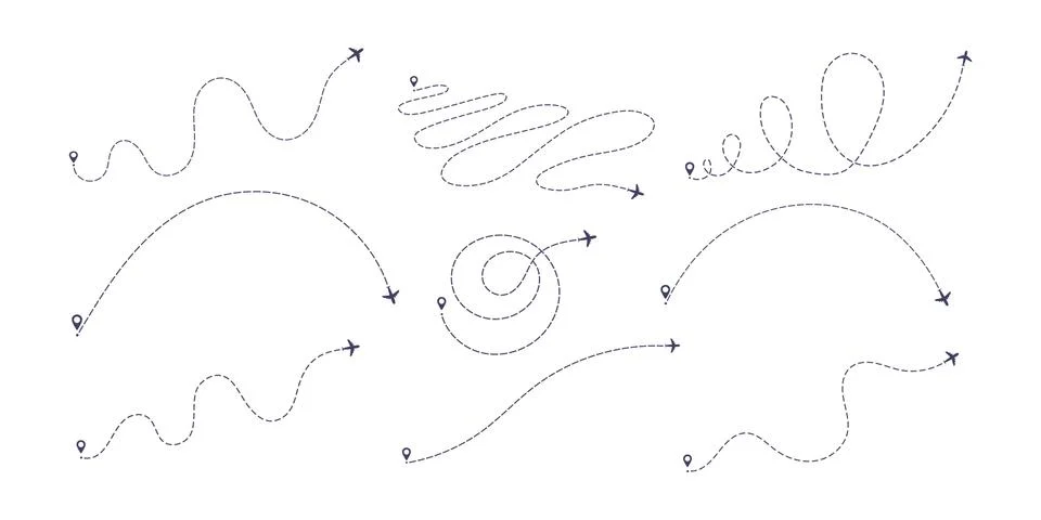 Airplane dashed line path flat style design vector illustration set isolated on Stock Illustration