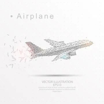 Airplane digitally drawn low poly triangle wire frame. Stock Illustration