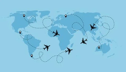 Airplane dotted flight background above world map.  Illustration Ilustração Stock