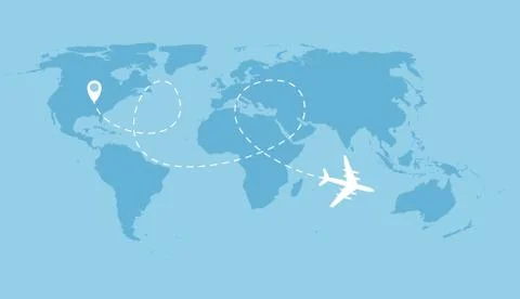 Airplane dotted flight background above world map.  Illustration Stock Illustration
