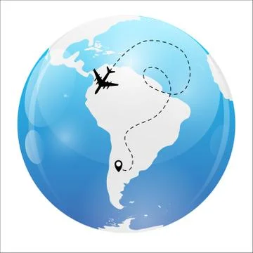 Airplane dotted flight background above world map.  Illustration Ilustração Stock