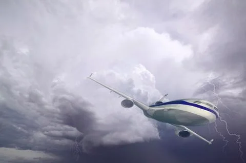Airplane with dramatic sky and lightning, flying at bad weather 스톡 일러스트