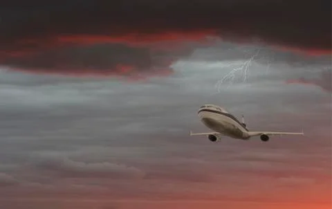 Airplane with dramatic sky and lightning, flying at bad weather with dark clo Stock Illustration