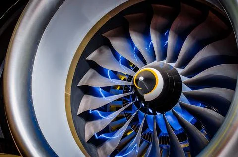 Airplane engine and blades with blue backlight Illumination close up. Stock Photos