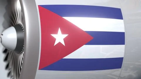 Airplane engine with flag of Cuba. Cuban air transportation conceptual 3D Stock Illustration