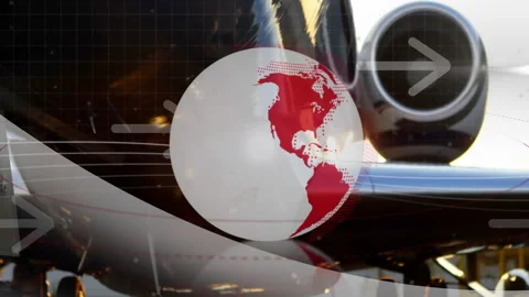 Airplane engine with global network animation featuring arrows and circular Stock Footage 304953432