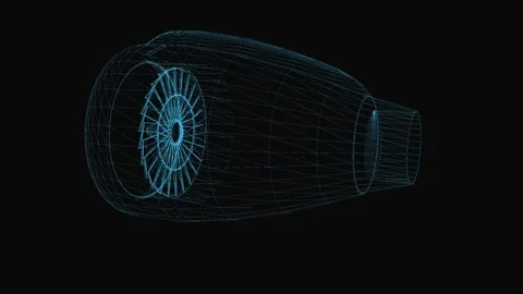 Airplane engine wireframe scheme. 3d render with blue grid lines. Loop rotation  Stock Footage 281599506