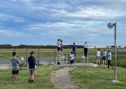 Airplane Enthusiasts at the Viewing Platform Stock Photos