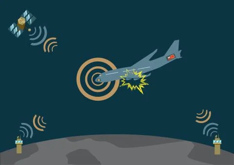 Airplane explodes, crashes and sends distress signal. Editable Clip Art. Stock Illustration