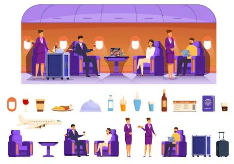 Airplane first class icons set cartoon vector. Plane person onboard Illustrazione stock