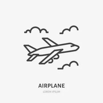Airplane flat line icon. Vector sign of plane flying in clouds, aircraft travel 스톡 일러스트
