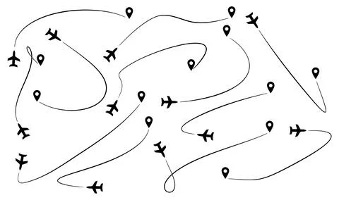 Airplane Flies to Destination. Set different Flights in Pin. Line path flying Stock Illustration