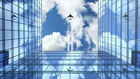 Airplane Flies Leaving Trace Over Office Buildings Stock Footage 117933109