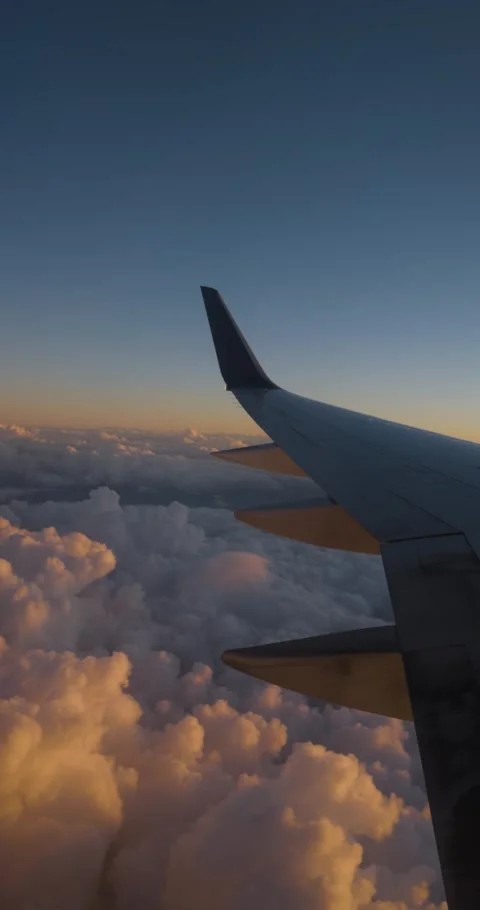 Airplane Flies Over Clouds At Warm Yellow Sunset 4K Stock Footage 307446288