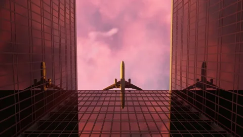 Airplane flies in the sky at sunset over skyscrapers. Stock Footage 155977860