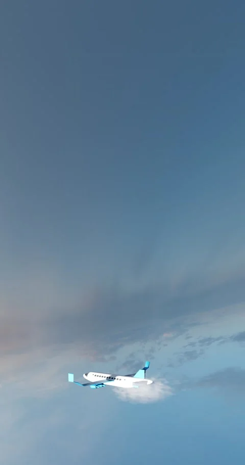 Airplane flies through the clouds at sunset three-dimensional animation render a Stock Footage 233107211