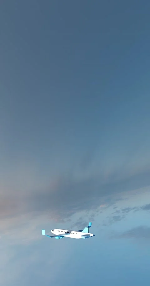 Airplane flies through the clouds at sunset three-dimensional animation render a Stock Footage 233107214