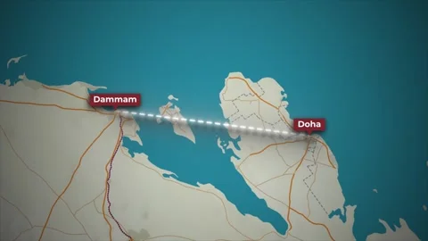 Airplane Flight Animation Dammam to Doha on Middle East Map Stock Footage 340520858