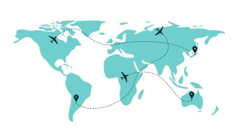 Airplane flight line paths going across blue world map - plane travel scheme Stock Illustration