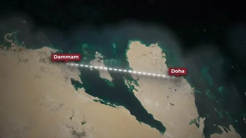 Airplane Flight Path Animation Dammam to Doha on Satellite Map Stock Footage 340520853