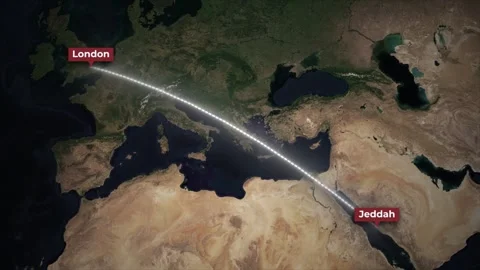 Airplane Flight Path Animation from Jeddah to London on Satellite Map Stock Footage 340345993