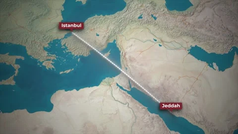 Airplane Flight Path Animation from Jeddah to Istanbul on Topographical Map Stock Footage 340413576