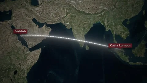 Airplane Flight Path Animation Jeddah to Kuala Lumpur on Satellite Map Stock Footage 340416928