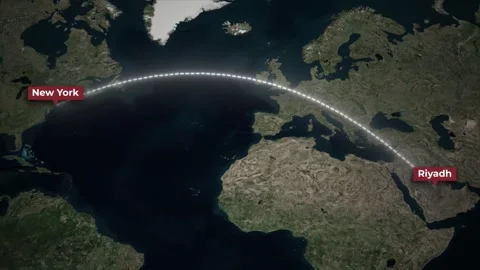 Airplane Flight Path Animation from Riyadh to New York on Satellite Map Stock Footage 339606210