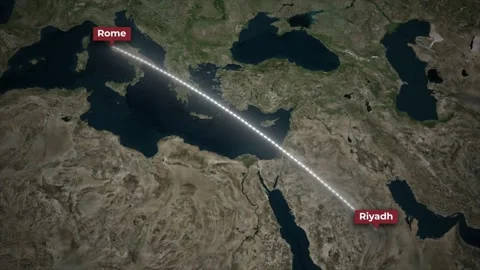 Airplane Flight Path Animation from Riyadh to Rome on Satellite Map Stock Footage 339789500