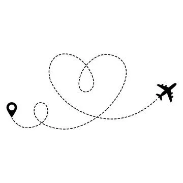 Airplane Flight Path Heart Route with Location Pin Travel Line Icon Vector Stock Illustration
