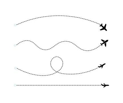 Airplane Flight Path Vector Dotted Route Icon Set with Map Pins and Dash Lines Stock Illustration