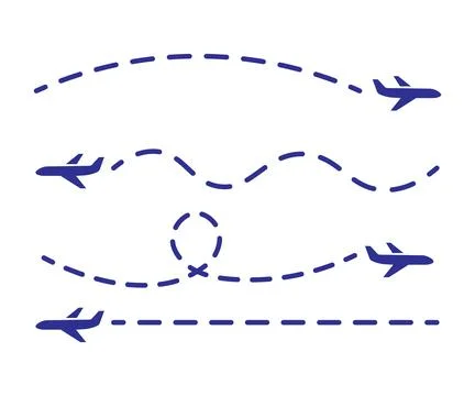 Airplane Flight Path Vector Dotted Route Icon Set with Map Pins and Dash Lines Stock Illustration